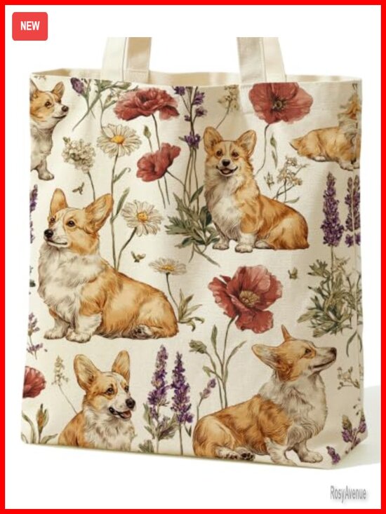 Handbags - Dog Floral Canvas Tote Bag Large Shoulder Bag Dog Lover Gift